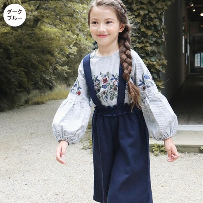 【子供服】ワイド オールインワン デニム風パンツ★サスペンダー付き ワイドパンツ キッズ 女の子 かわいい 可愛い おしゃれ【売れ筋】【新商品】 |  | 01