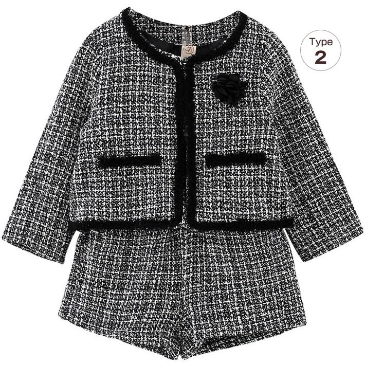長袖ジャケット・ショートパンツ セットアップ スーツスタイル 子供服 フォーマル キッズ 女の子 ベビー コサージュ ツイード風 チェック柄 千鳥格子 上品 |  | 07