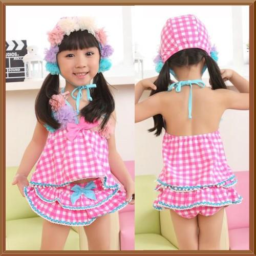 子供水着 チェック柄3点セット水着 チュールフラワー レース リボン