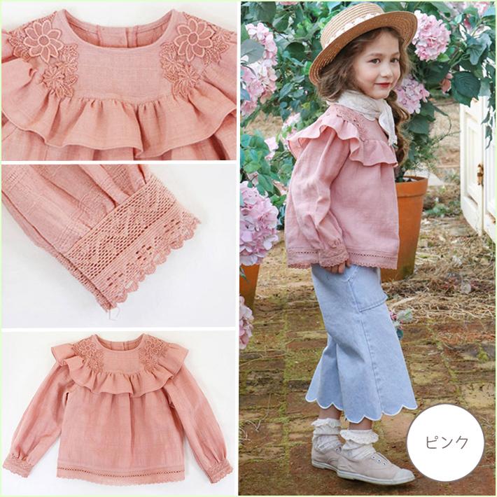 只今店内ポイント5倍＆クーポン配布中☆レース＆フリル付き 長袖トップス レース フリル 長袖 上品 可愛い 女の子 ホワイト ピンク【売れ筋】 |  | 03