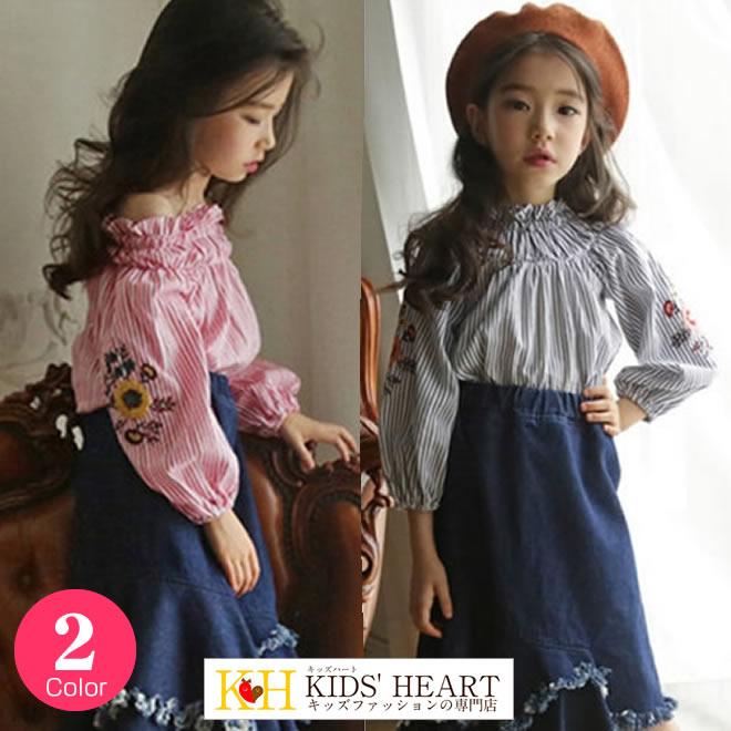 只今店内ポイント5倍＆クーポン配布中☆ストライプ柄 花刺繍トップス 【売れ筋】 | 