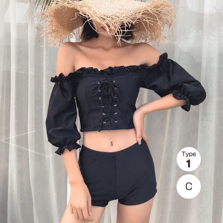 水着 レディース ビキニ オフショルダー 2way フリル スカート 3点