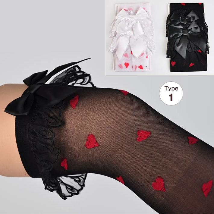 ストッキング リボン＆レース付き ハート柄 ストライプ柄 蜘蛛柄 ハイソックス ニーハイ サイハイ 靴下 リボン 黒 ブラック 白 ホワイト レッドハート柄 レース |  | 02