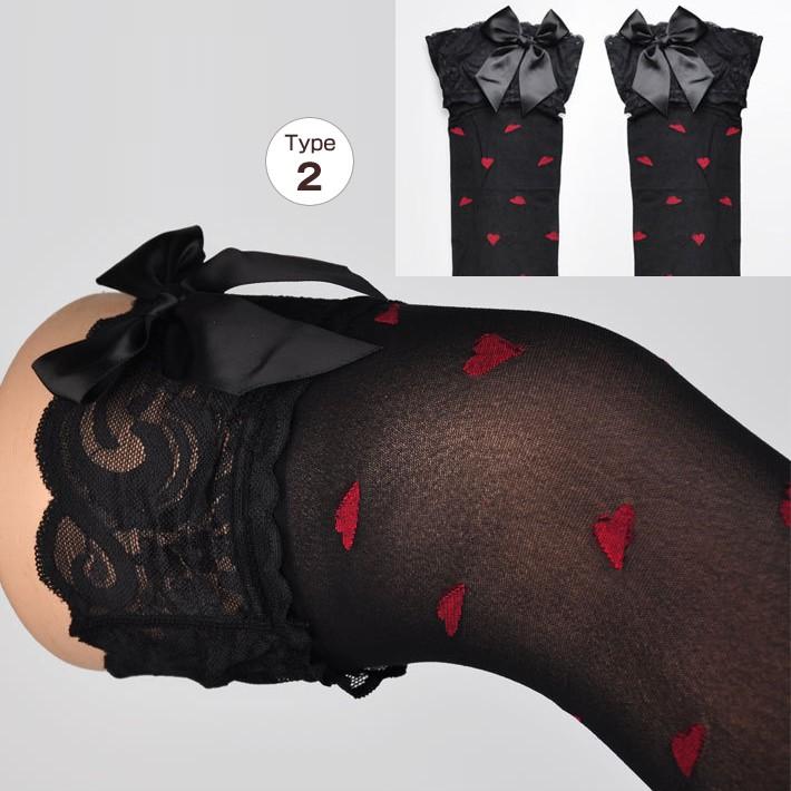 ストッキング リボン＆レース付き ハート柄 ストライプ柄 蜘蛛柄 ハイソックス ニーハイ サイハイ 靴下 リボン 黒 ブラック 白 ホワイト レッドハート柄 レース |  | 05