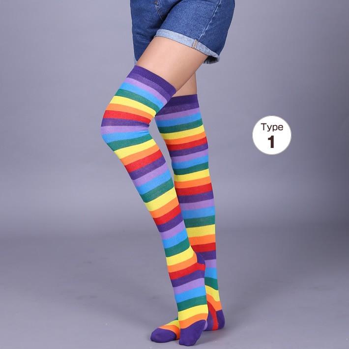 虹色 カラフル ニーソックス ボーダー よこ縞 横縞 靴下 コスプレ 可愛い ピンク パープル ブルー ブラック イエロー レッド ホワイト グリーン オレンジ |  | 01