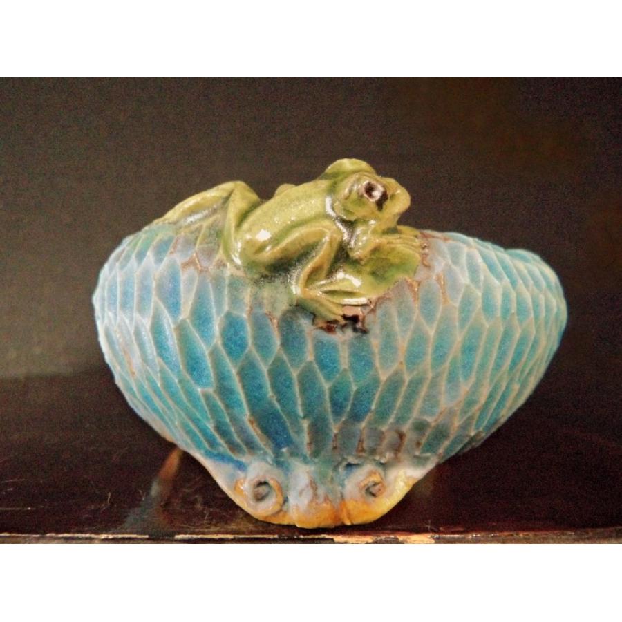 古本正志 トルコマット釉蛙付丸手びねり雲足鉢 3号 : 鉢や 暮路