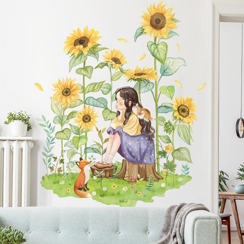 欲しいの ウォールステッカー Borovice Y374 送料無料 壁シール インテリアシート 剥がせるシール 向日葵と少女 キツネ 幸運 幸せ Diy ウォールステッカー Www We Job Com