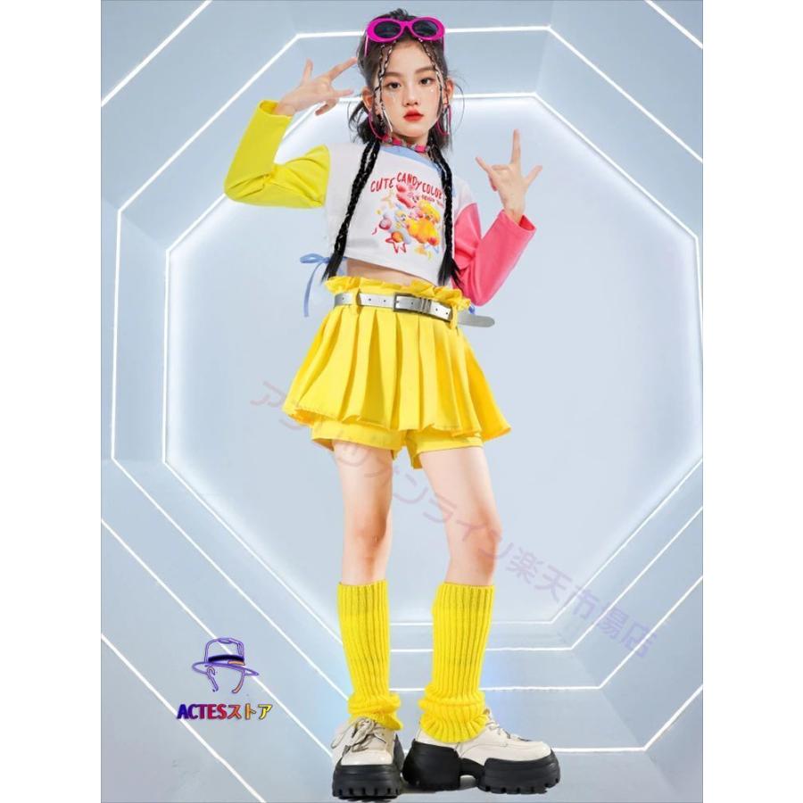 黄色 パーチワーク へそ出し キッズ ダンス衣装 セットアップ 女の子