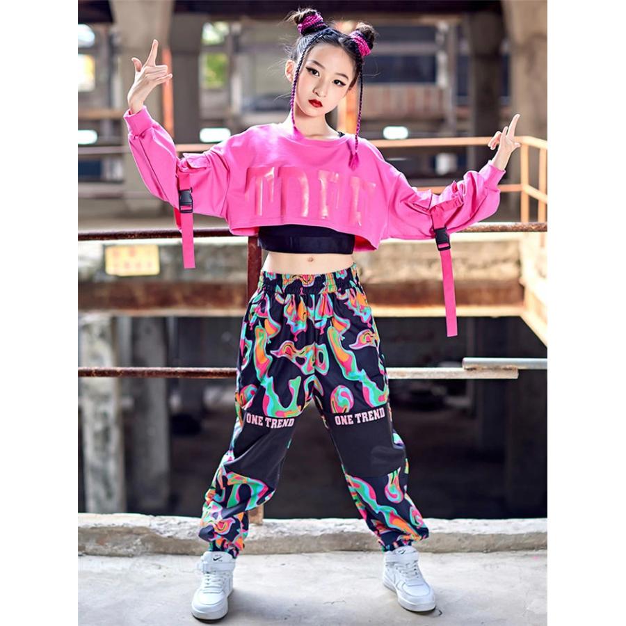 ダンス衣装 ヒップホップ 黒ベスト ピンク長袖トップス パンツ へそ