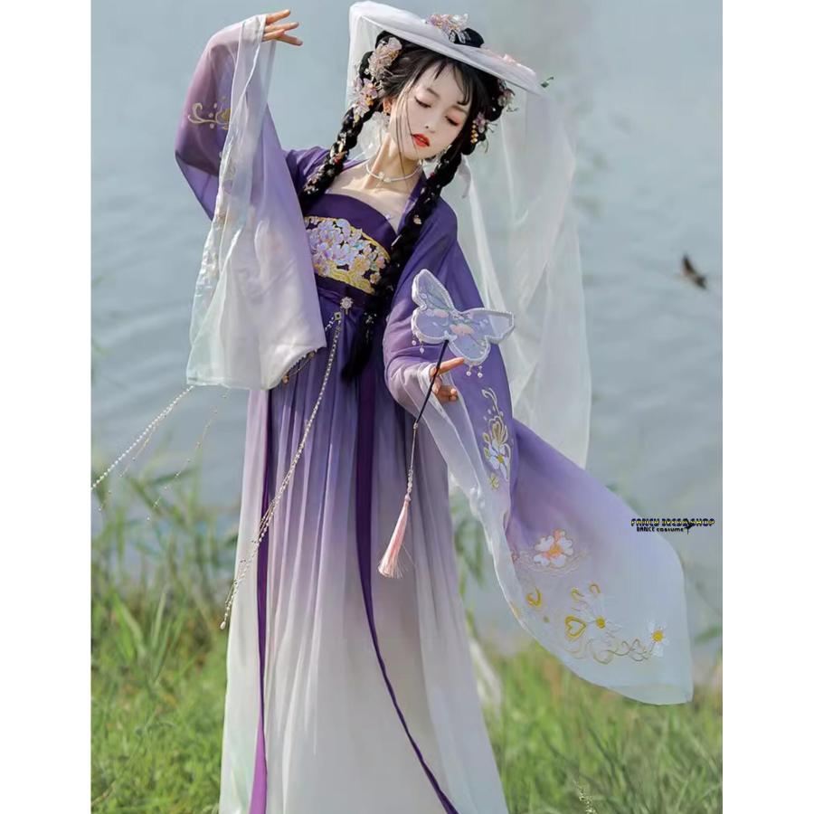 紫 レディース 漢服 チャイナ服 唐朝 中国古代服装 お姫様 グラデーション 振り袖 ロング丈羽織付き 中華衣裳 華やか お花刺繍 古代古典 ...