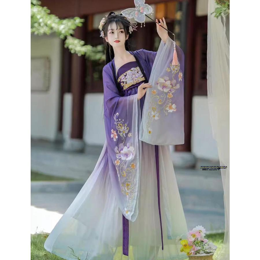 紫 レディース 漢服 チャイナ服 唐朝 中国古代服装 お姫様 グラデーション 振り袖 ロング丈羽織付き 中華衣裳 華やか お花刺繍 古代古典 ...