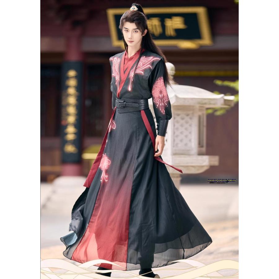 メンズ 漢服 5点セットアップ おしゃれ 暗黒 武侠風 チャイナ服 中国古代服装 男性 大人 ジュニア 蛍光感のプリント 黒に赤 緑 動き ...