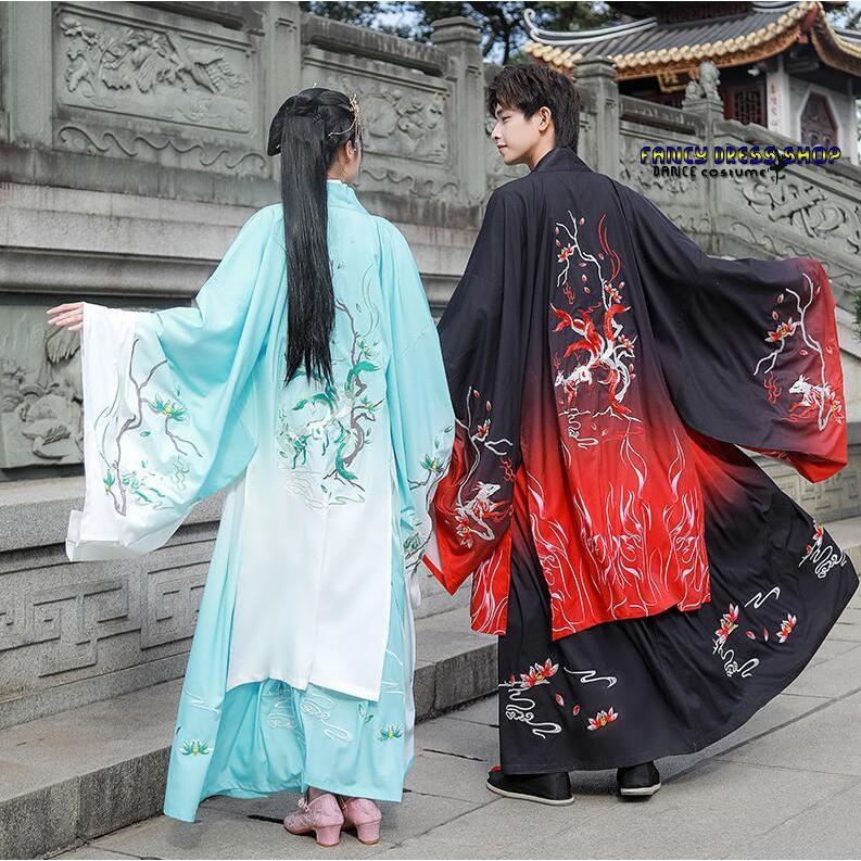 漢服 唐装 メンズ レディース 男女兼用 中華服 中国古代服装 グラデーション エスニック 狐 キツネ 刺繍 交差襟 上下2点セット 振袖羽織 ...