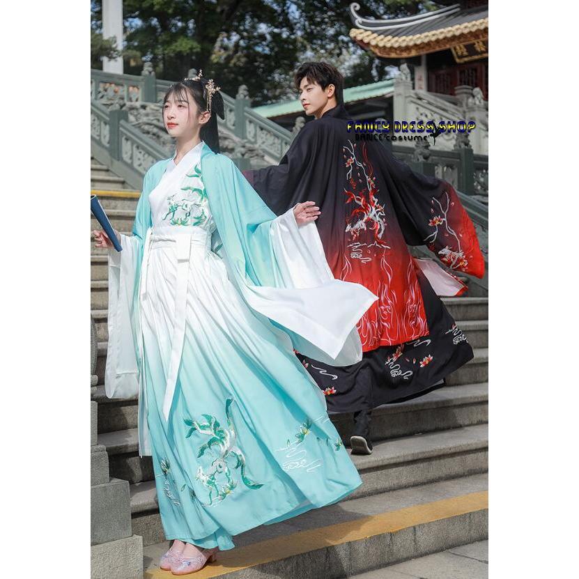 漢服 唐装 メンズ レディース 男女兼用 中華服 中国古代服装 グラデーション エスニック 狐 キツネ 刺繍 交差襟 上下2点セット 振袖羽織 ...