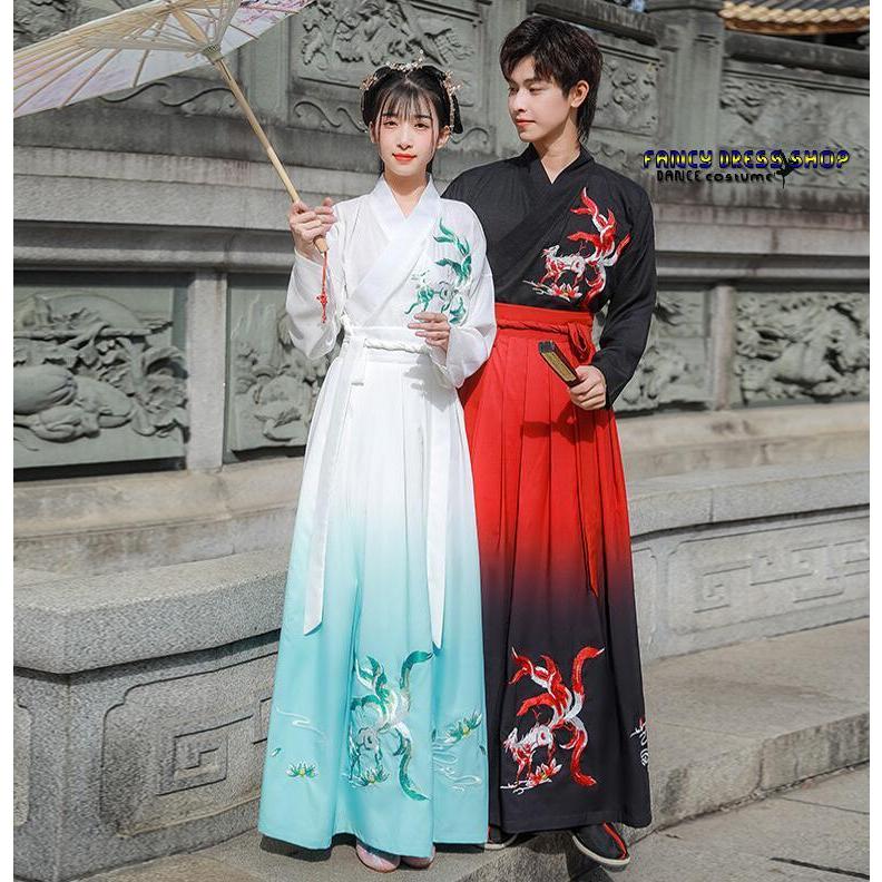 漢服 唐装 メンズ レディース 男女兼用 中華服 中国古代服装 グラデーション エスニック 狐 キツネ 刺繍 交差襟 上下2点セット 振袖羽織 ...