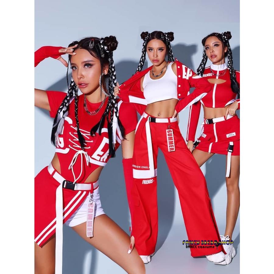 ダンス衣装 レディース アイドル 赤 白 トップス へそ出し スカート