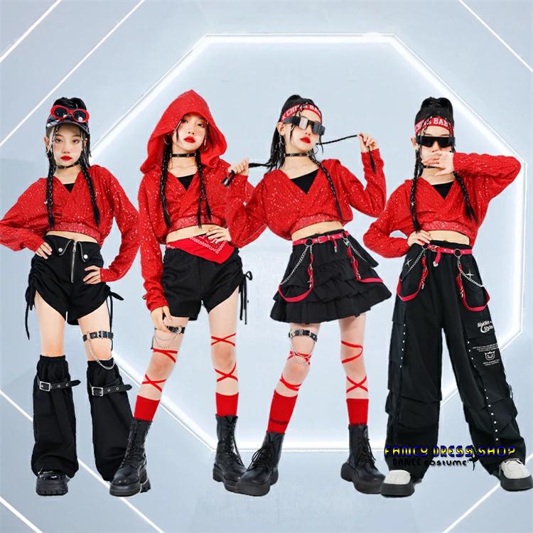 セットアップ 赤 黒 キラキラ フード付き デザイン トップス チョッキ