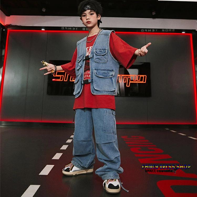 デニムベスト デニムパンツ ブルー レッド キッズ ダンス衣装