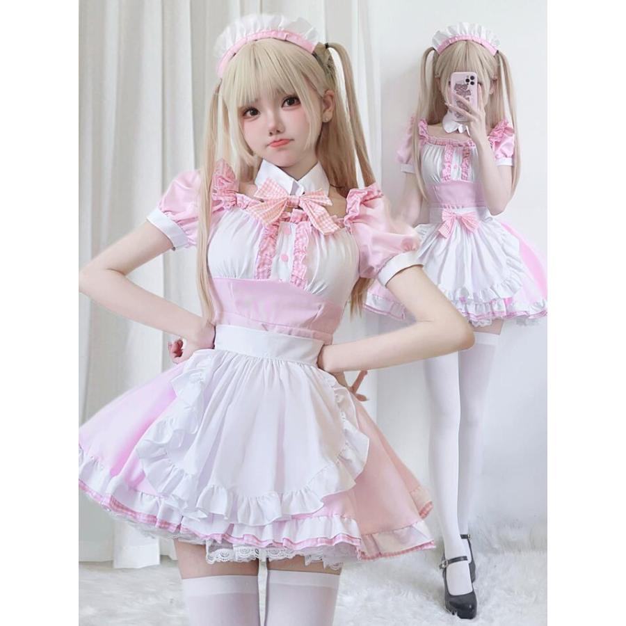 可愛いロリータワンピース メイド洋服 ピンク チェック柄リボン