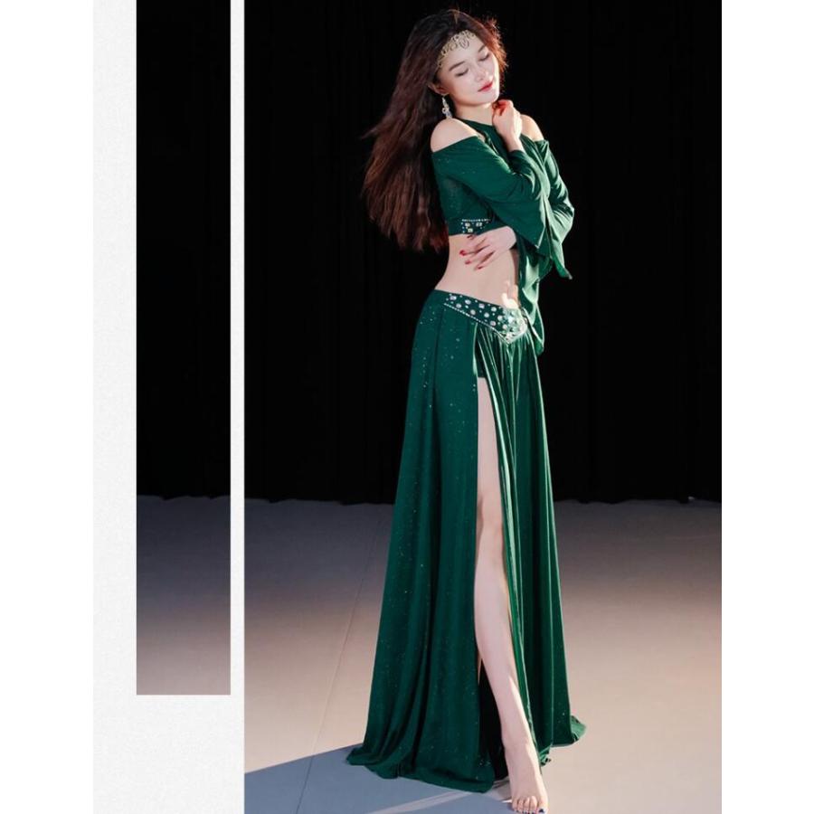 ベリーダンス衣装 上下2点セットアップ 肩漏れトップス マキシ丈スカート　スリット　見せパンツ付きベリーダンスウェア　レディースダンス衣装 レッスン着 競技
