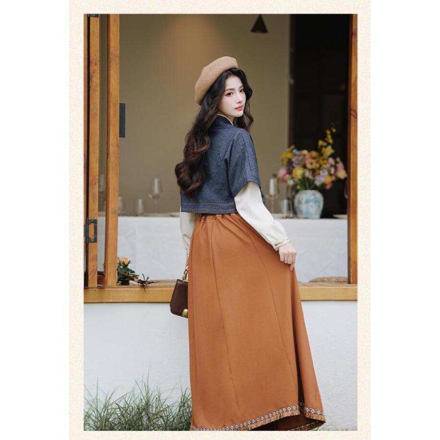 改良漢服 レディース中華風スカートセット 刺繍ベスト 長袖刺繍シャツ