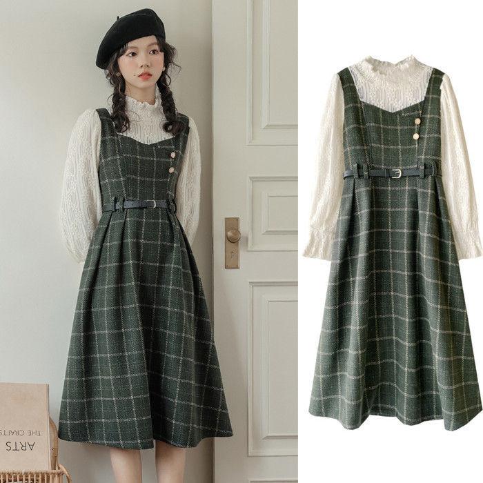 レディース ワンピース レトロ ワンピース レトロワンピース 女子ワンピ 長袖 春 秋 冬 膝下丈 ロング丈 可愛い 美シルエット 重ね着風 日系女子中高生 クラシカ レディース ワンピース レトロワンピース 女子ワンピ 長袖 春 秋 冬