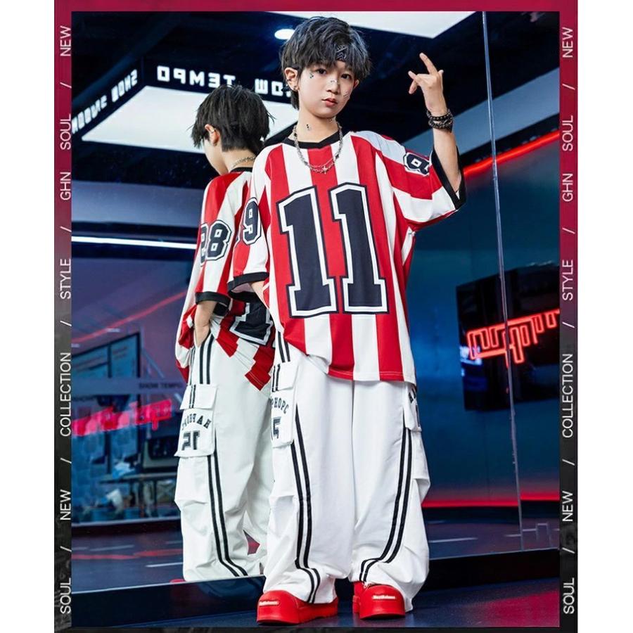 キッズ ダンス 衣装 セットアップ ストライプ柄 白 赤 黒