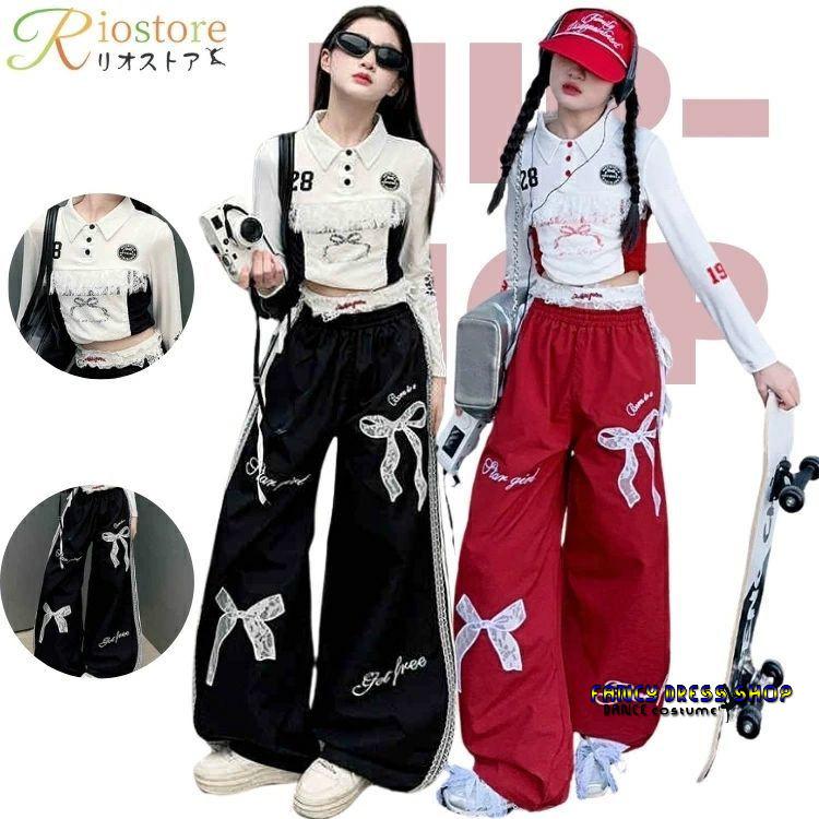 キッズダンス衣装 韓国 ins y2k レース 蝶 セットアップ 赤 黒