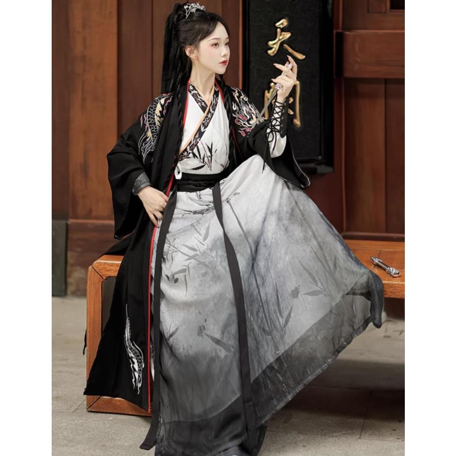 水墨風 漢服 大人 男女兼用 白地に水墨山水 竹プリント オリジナル チャイナ服 侠客 おしゃれ 中華 コスプレ衣装 中国古代服装 龍柄 黒い ...