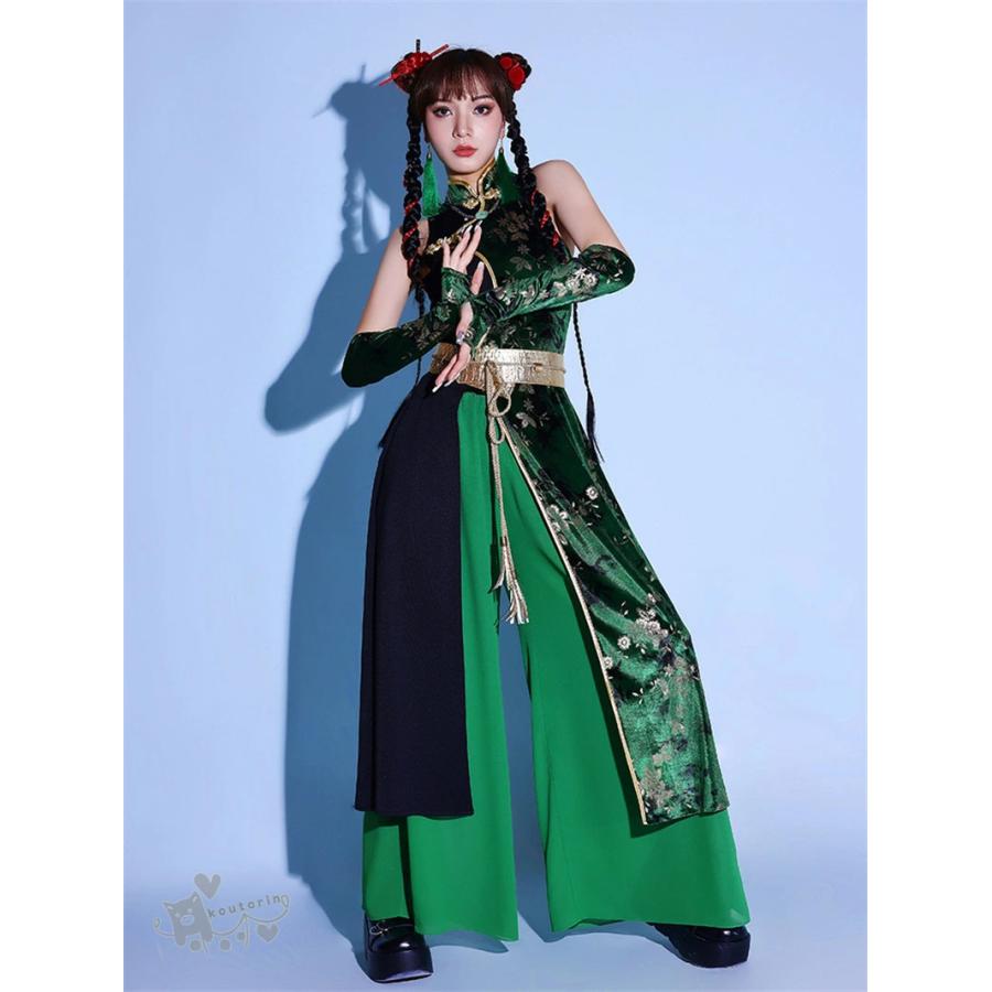 ダンス衣装緑 中華風 チャイナドレス ダンス衣装 セットアップ