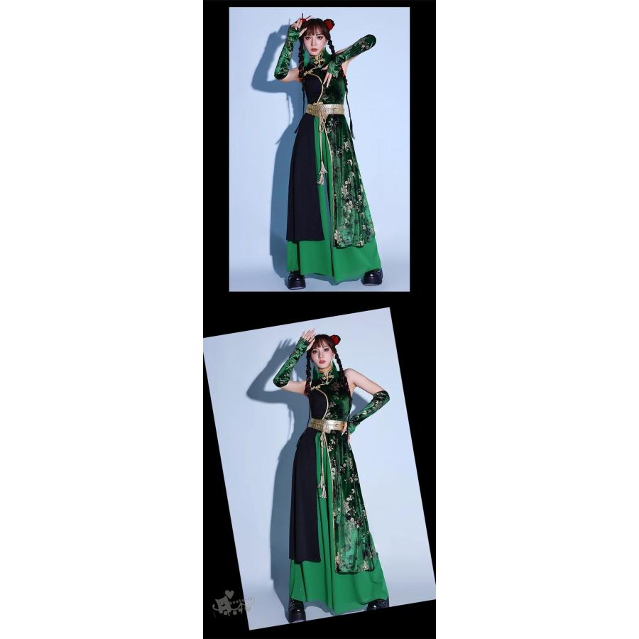 ダンス衣装緑 中華風 チャイナドレス ダンス衣装 セットアップ