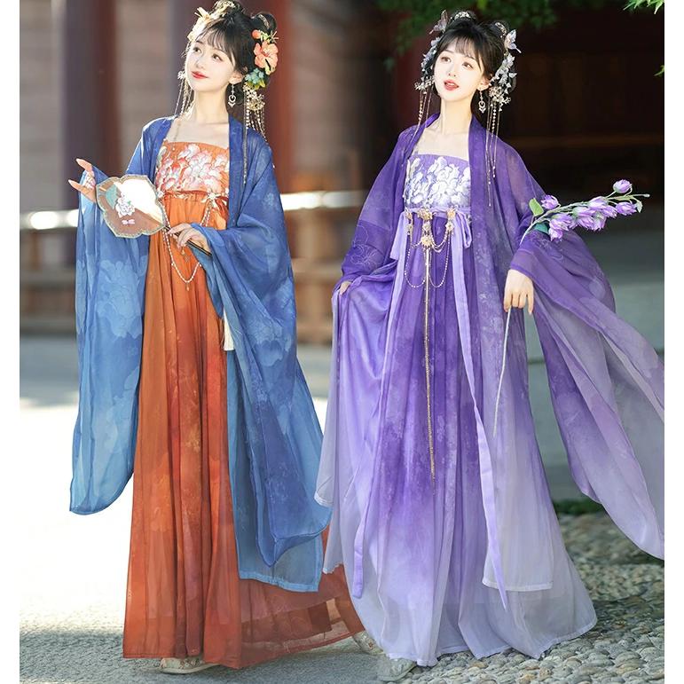 レディース 漢服 中華衣裳 中国古代 唐朝 服装 ロング丈 振袖羽織＋ワンピース 紫 青 お姫様 チャイナ服 中華コスプレ衣装 華流 ...