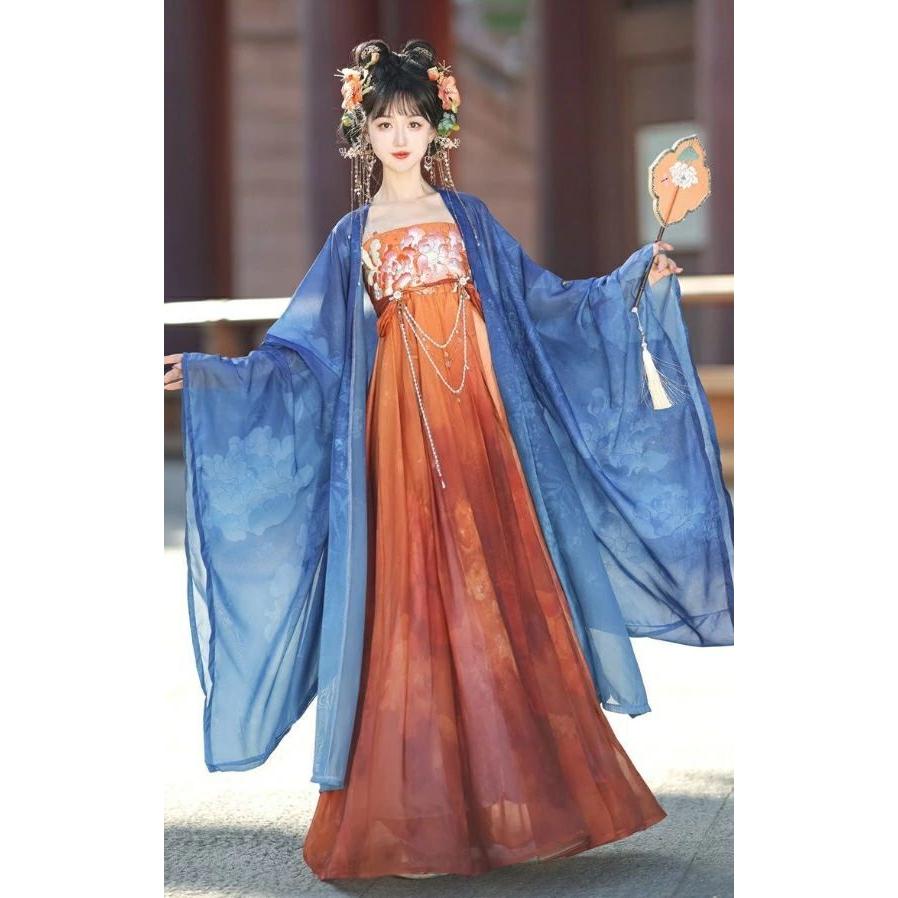 レディース 漢服 中華衣裳 中国古代 唐朝 服装 ロング丈 振袖羽織＋ワンピース 紫 青 お姫様 チャイナ服 中華コスプレ衣装 華流 ...