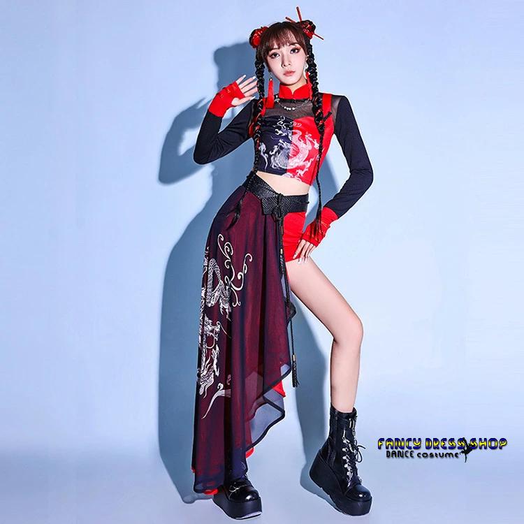 赤 黒 ダンス衣装 大人 長袖 DS演出服 kpop 衣装 チャイナ風