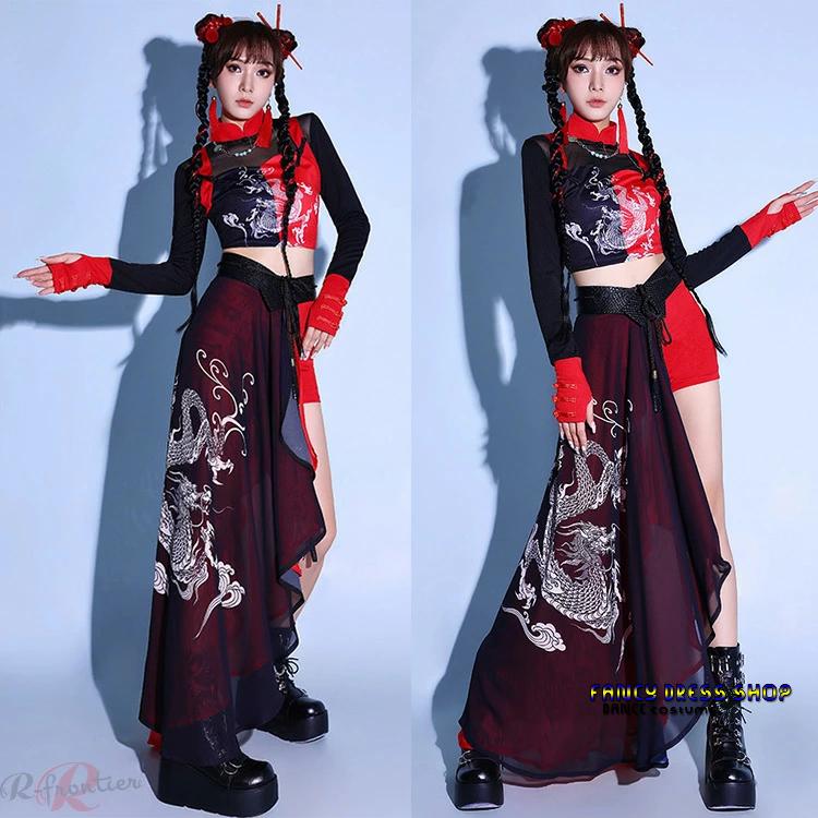 赤 黒 ダンス衣装 大人 長袖 DS演出服 kpop 衣装 チャイナ風