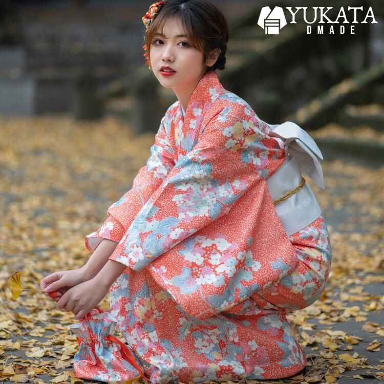 浴衣 レディース オレンジ 桜柄 花柄 花火大会 夏祭り 3点セット