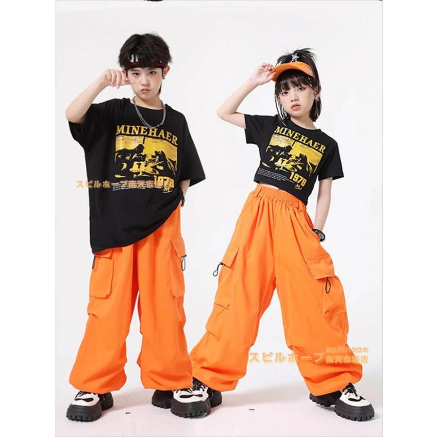 黒 オレンジ カーゴパンツ キッズ ダンス衣装 半袖 女の子 男の子 T