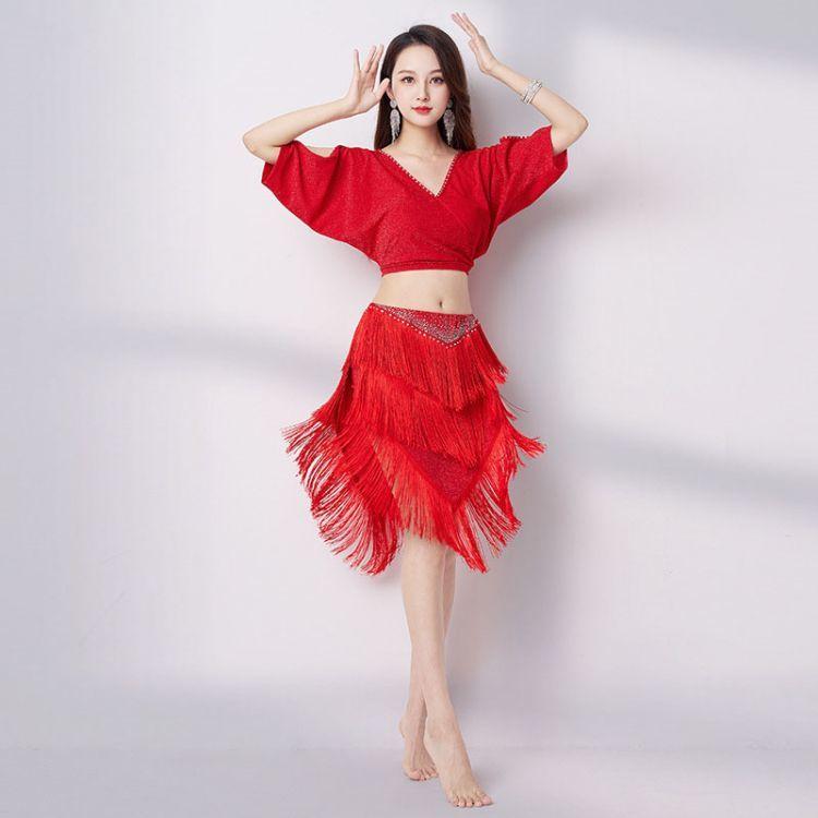 ベリーダンス ラテン ダンス ダンス衣装 セット レディース Vネック ベリーダンス ラテンドレス レッスン着 練習着 セットアップ ラメ入り トップス+フリンジ ス