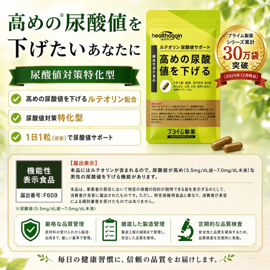 高め の 尿酸 下げる サプリ ルテオリン 尿酸値 サポート サプリメント