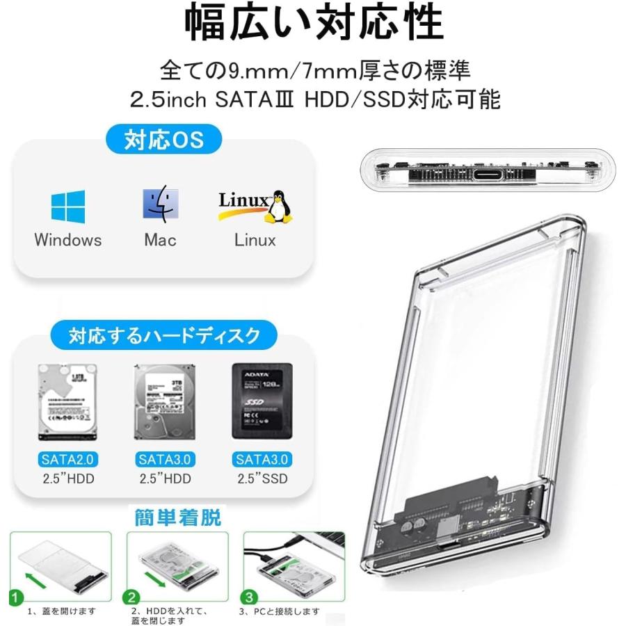 2.5インチ HDD/SSD ケース USB-C ハードディスクケース 黒透明 USB 3.1 9.5mm/7mm 両対応 6T対応 SSDケース｜bouenn｜05