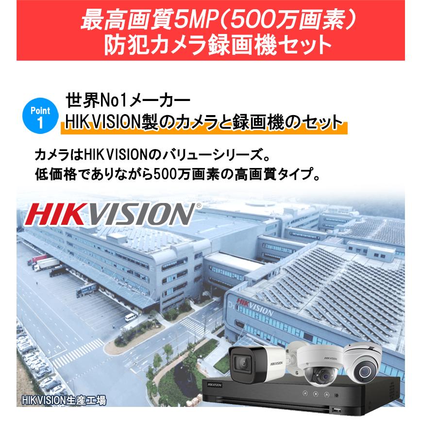 防犯カメラ 家庭用 屋外屋内 HIKVISION ワンケーブル(PoC) 1〜4台セット 500万画素 HDD別 スマホ監視 500POC-SET-4CH | HIKVISION | 02