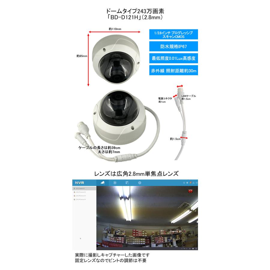 243万画素 防犯カメラ オリジナルブランド 屋外屋内 カメラ電源不要 スマホ PoE BD-D121H ドーム型 レンズサイズ2.8mm_1