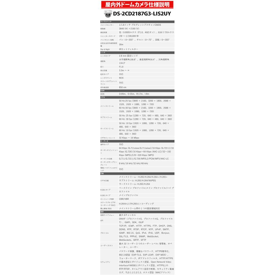 防犯カメラ 屋外屋内 フルカラー マイク内蔵 4K 動体検知 HIKVISION IP カメラ電源不要 スマホ監視 PoE DS-2CD2187G3-LIS2UY ドーム型 レンズサイズ2.8mm_1