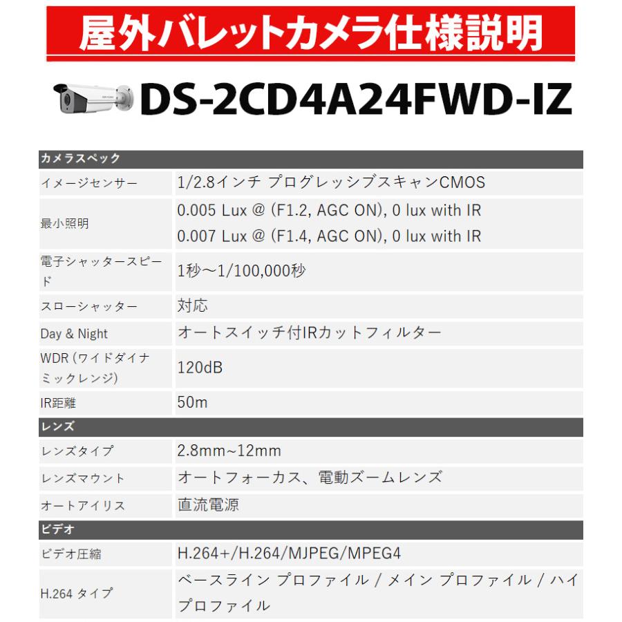 【アウトレット】HIKVISION 防犯カメラ 2.8-12mm VF 2メガピクセルスマートIP屋外 バレットカメラ DS-2CD4A24FWD-IZ 送料無料 あすつくの画像