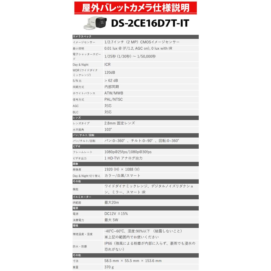 アウトレット 防犯カメラ 屋外 HIKVISION 243万画素 アナログ DS-2CE16D7T-IT バレット型 レンズサイズ2.8mm | HIKVISION | 02