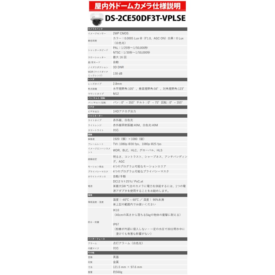 防犯カメラ 屋外屋内 PoC マイク内蔵 フルカラー カメラ電源不要 HIKVISION アナログ 243万画素 DS-2CE50DF3T-VPLSE ドーム型 レンズサイズ2.8mm | HIKVISION | 02