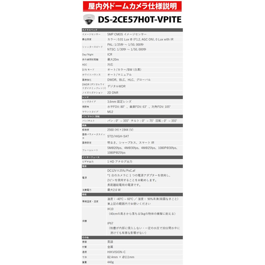 500万画素 HIKVISION 防犯カメラ アナログ 屋外屋内 カメラ電源不要  PoC DS-2CE57H0T-VPITE ドーム型 レンズサイズ3.6mm | HIKVISION | 04