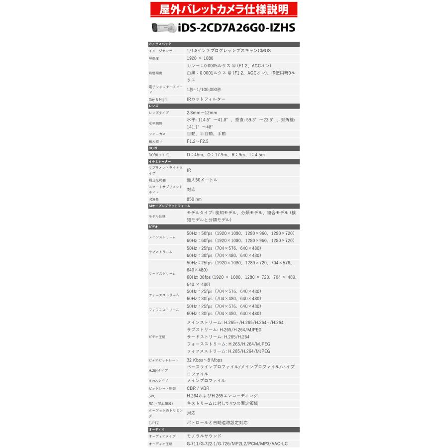 防犯カメラ 屋外 バレット iDS-2CD7A26G0-IZHS HIKVISION(ハイクビジョン) 243万画素 IP バリフォーカル PoE レンズサイズ2.8mm-12mmの画像