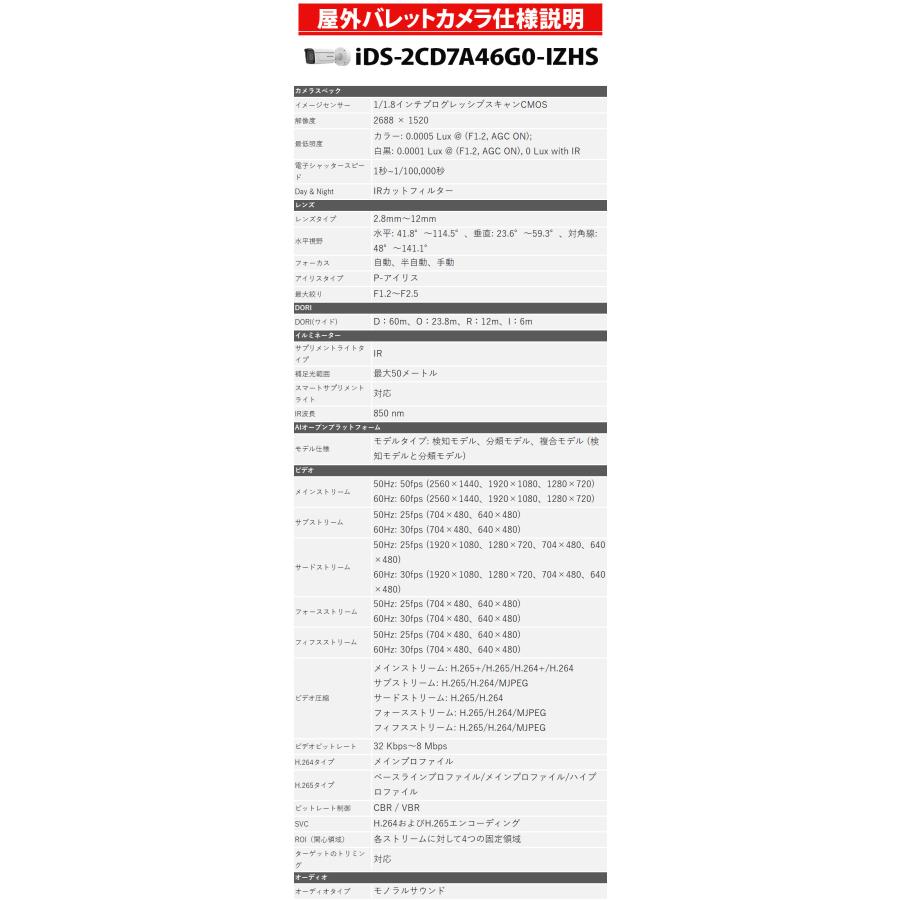 防犯カメラ 屋外 バレット iDS-2CD7A46G0-IZHS HIKVISION(ハイクビジョン) 400万画素 IP バリフォーカル PoE レンズサイズ2.8mm-12mmの画像