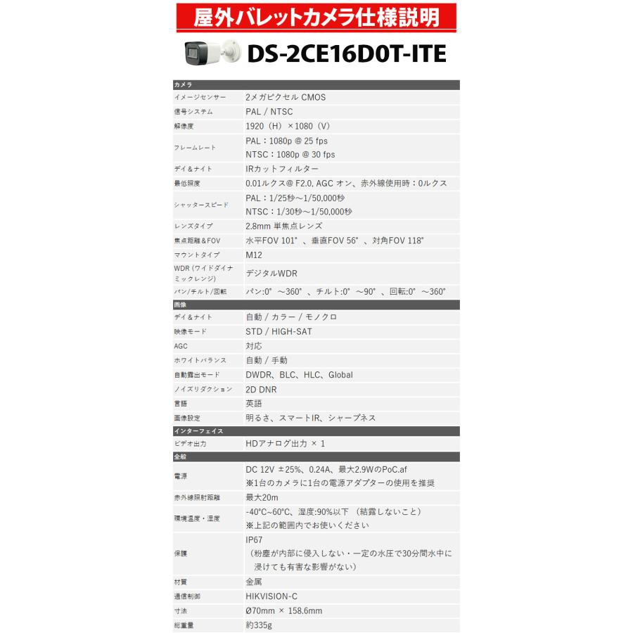 防犯カメラ 屋内屋外 HIKVISION ワンケーブル(PoC)アナログ 243万画素 1〜4台セット レコーダーHDD別4chDVR POC-SET-4CH | HIKVISION | 11